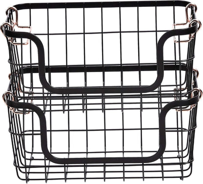 Amazon Basics Stackable Metal Storage Baskets for Kitchen or Bathroom, Rectangular, 2 Pack, 16.3 x 31 x 14.1 cm, Black
