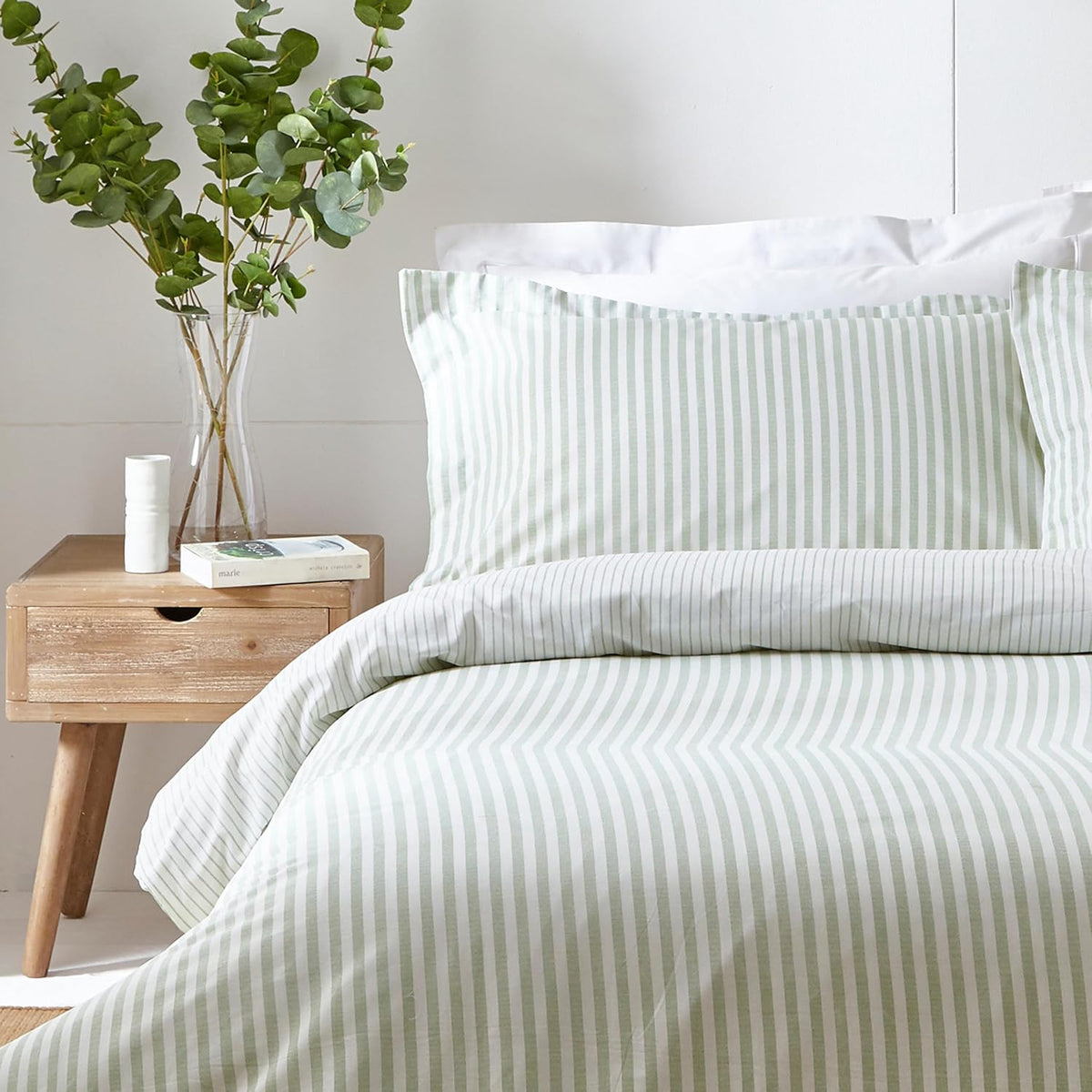 Yard Hebden 100% Cotton Stripe Duvet Cover Set (Eucalyptus, King) | 100% cotton, reversible stripe design, soft breathable comfort