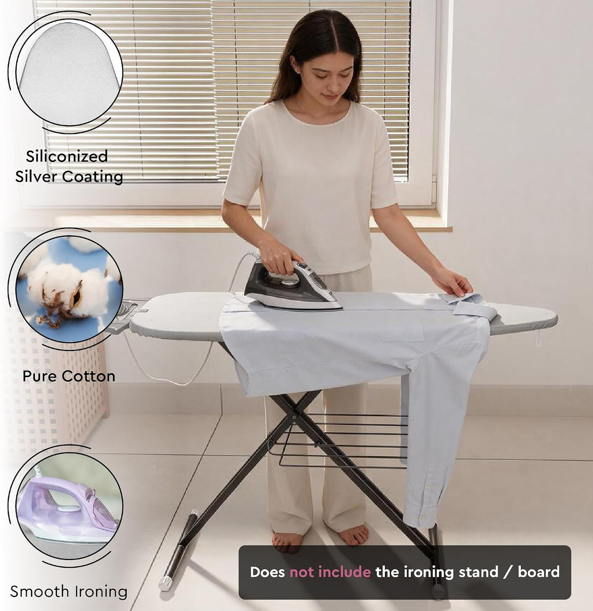 Encasa XO Metallised Ironing Board Cover & Pad 49"x15" Silver Luxury | 4 Layer Build with Foam & Felt Padding | Heat Reflective Siliconised Silver | Bungee Elastic & 3 Fasteners | Scorch Resistant