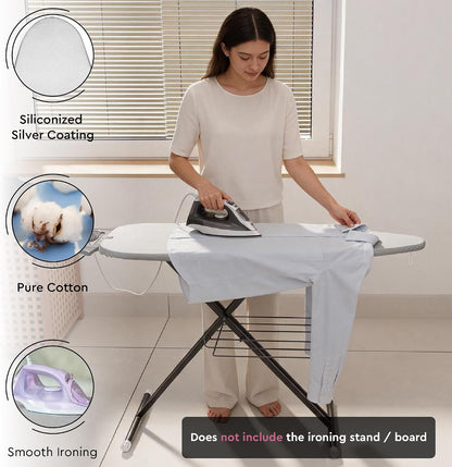 Encasa XO Metallised Ironing Board Cover & Pad 49"x15" Silver Luxury | 4 Layer Build with Foam & Felt Padding | Heat Reflective Siliconised Silver | Bungee Elastic & 3 Fasteners | Scorch Resistant