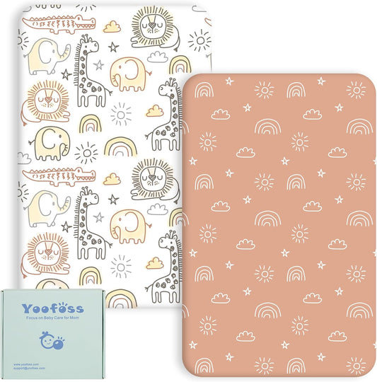 Yoofoss Travel Cot Fitted Sheets 65 x 95 cm, Compatible with Graco, Red Kite, Joie, Deryan Cots, Cozy Breathable Stretchy Microfiber Mattress Sheet, 2 Pack, Brown Giraffes