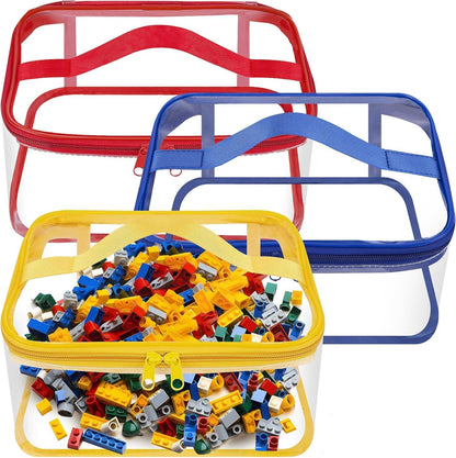 3 Pcs Toy Storage Bags-Clear PVC Organizing Bags with Double Zipper-Reusable Waterproof Toy Container with Handle-Travel Case Pouch for Building Blocks, Puzzle, Balls, Pretend Play Toys