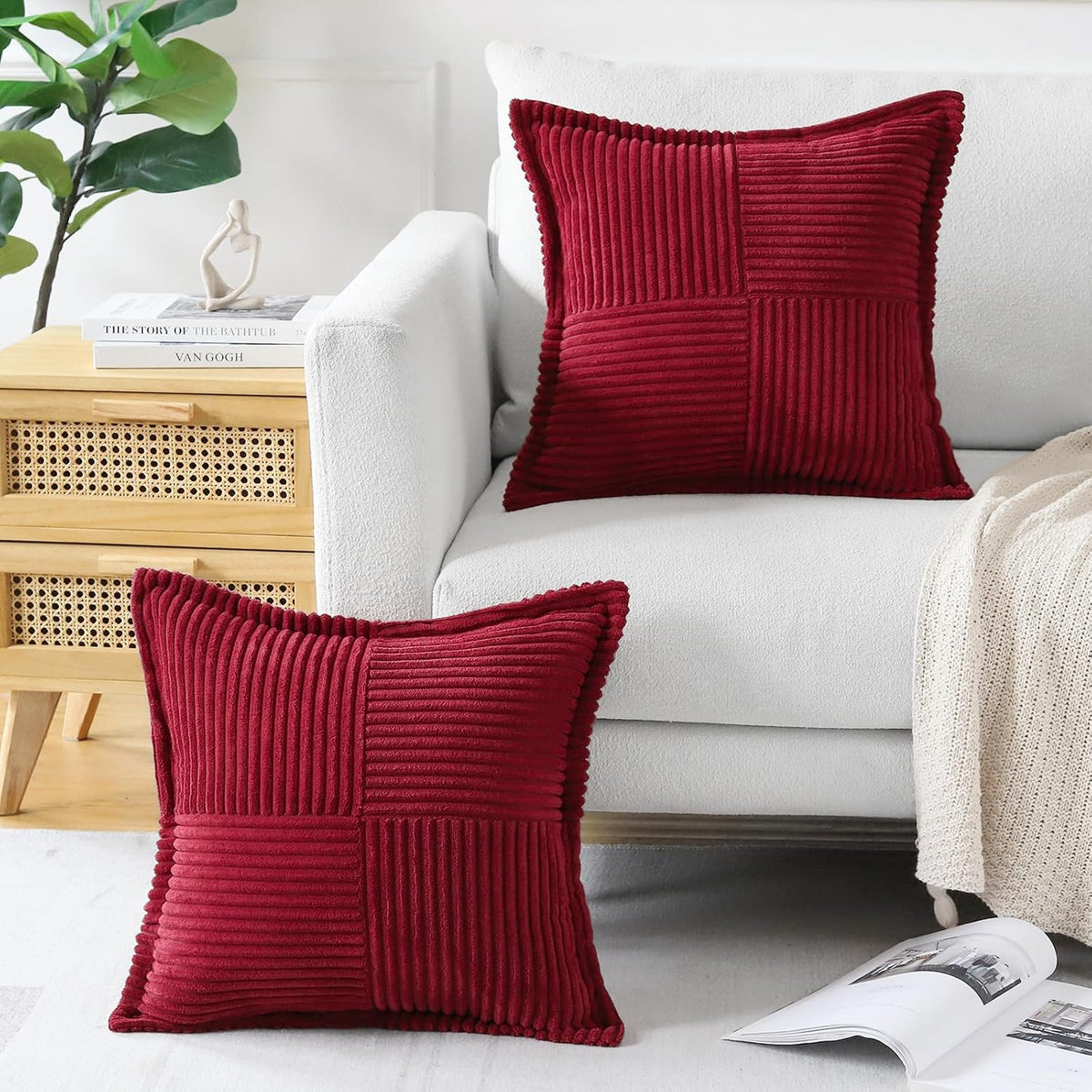 Artscope Corduroy Cushion Covers Pack of 2 Modern Patchwork Throw Pillow Covers Soft Pillowcase Broadside Decorative Textured Cushions for Home decor Sofa Bedroom Couch Wine Red 45x45cm