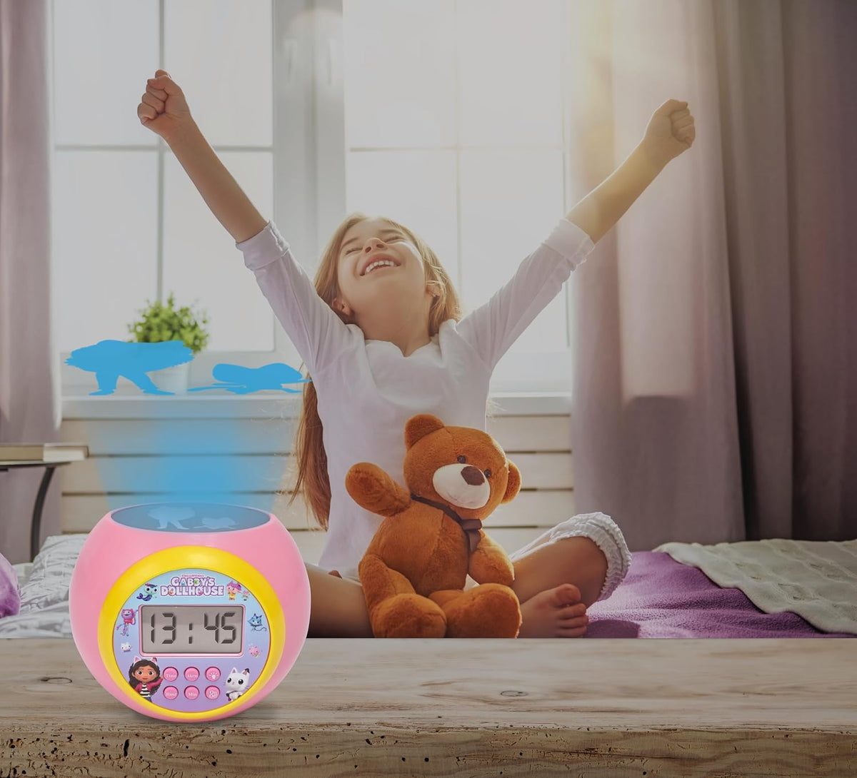 LEXIBOOK, Gabby's Dollhouse Projector Clock, RL977GDH | Celing projection, timer, LCD screen, Snooze, Battery operated, Pink