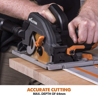 Evolution Power Tools R185CCSX Circular Saw With 1020 mm 3-Piece Track | Multi-Material Blade, Cuts Wood, Metal, Plastic & More | excluding Dust Port Adapter | 185mm (230v)