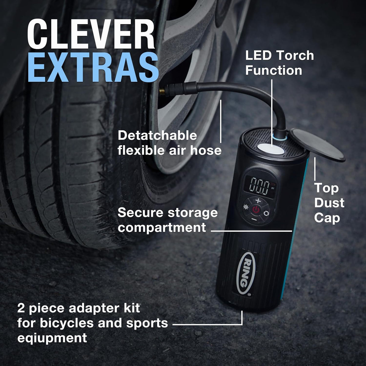 RING TYREINFLATE GO 2 Tyre Inflator Air Compressor, Cordless & Rechargeable