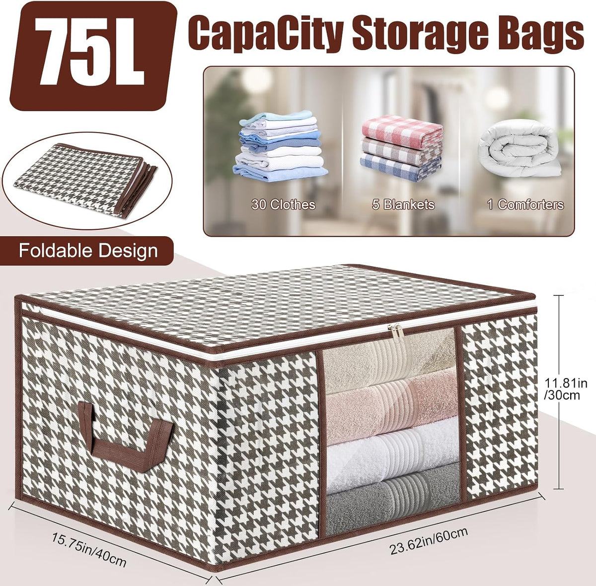 75L Storage Bags, 3 PCS Large Storage Bags Boxes With Lids, Foldable Clothes Storage Organiser, Breathable Thick Fabric Moving Bags For Clothes, Blanket, Comforters, Bedding