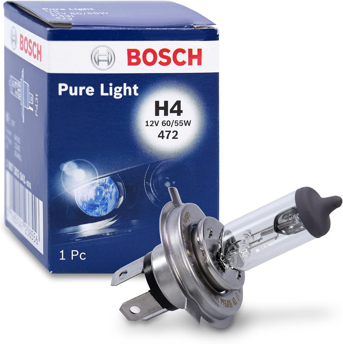 Bosch H4 (472) Pure Light Halogen Headlight Bulb, 12 V 60/55 W