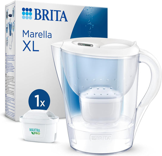 BRITA Water Filter Jug MAXTRA Marella XL, 1x Pure Performance cartridge | White (3.5L) large-volume pitcher with digital LTI, Flip-Lid and SmartBox packaging reducing PFAS, chlorine, metals & more