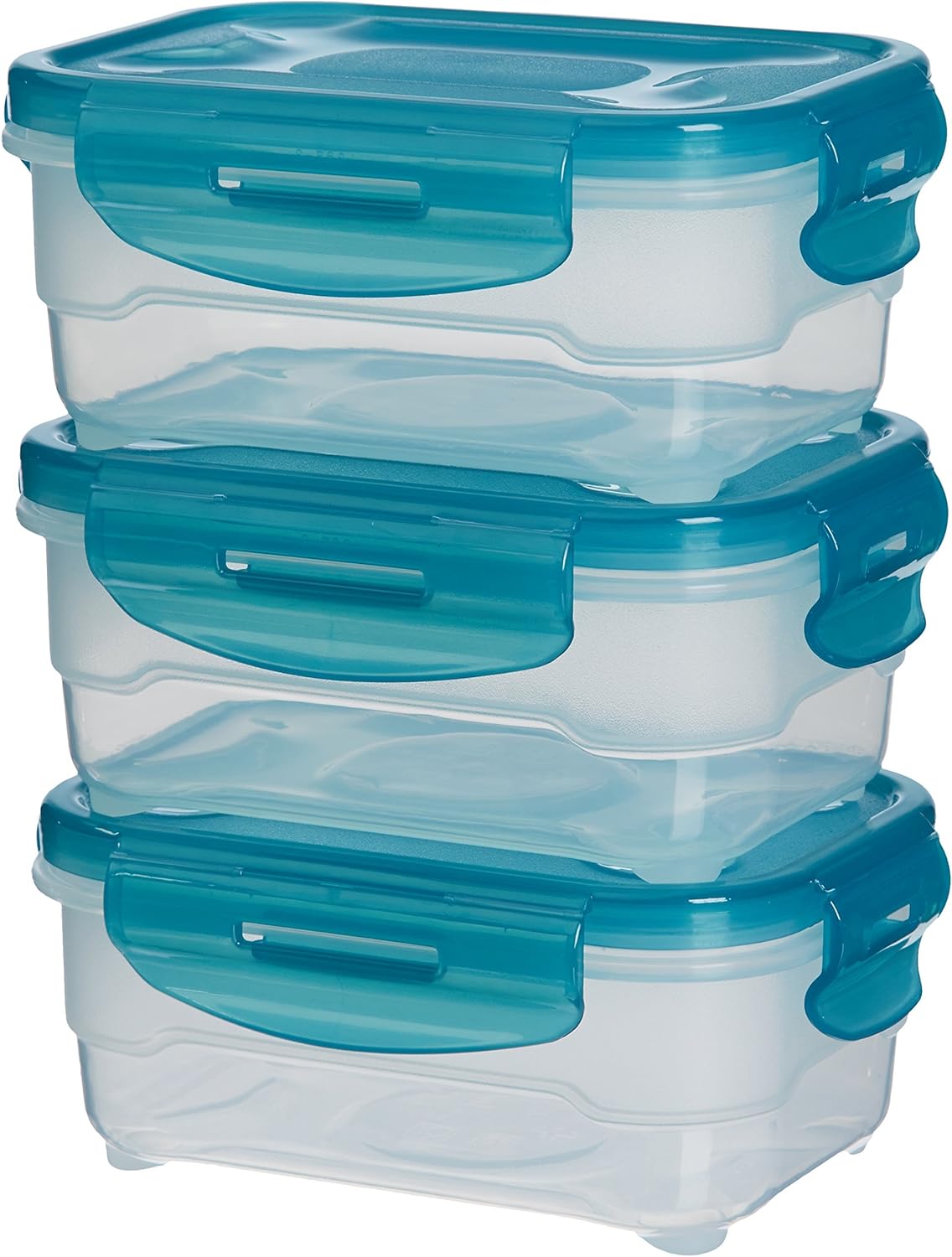 Amazon Basics Air-Locked Leak-Proof, Stackable & Airtight Fridge/Freezer Containers with Lids, BPA-Free Plastic, Microwave and Dishwasher Safe 3-Piece Food-Storage Set, 3 x 0.6 liter, Light Blue