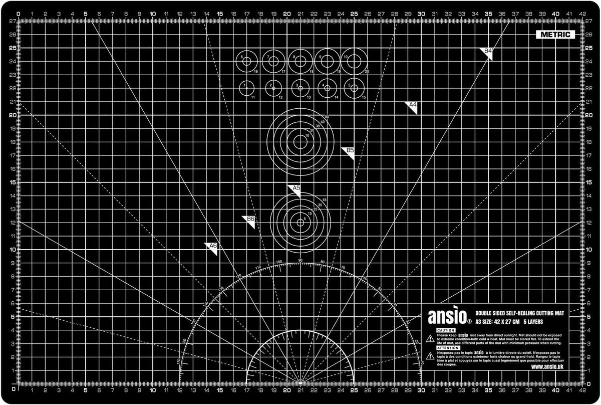 ANSIO Craft Cutting Mat Self Healing A3 Double Sided 5 Layers - Quilting, Sewing, Scrapbook, Fabric & Papercraft - Imperial/Metric 17 Inch x 11 Inch / 42cm x 27cm - Black/Black