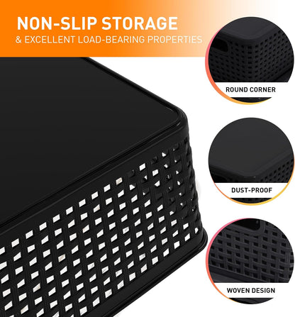 Citylife Set of 8 Pack Plastic Storage Baskets With Lid, Storage Basket for Organizing,Stackable Storage Containers Bins Boxes for Kitchen Bathroom Desktop Closet Classroom Office,Black