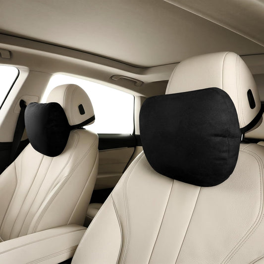 2pcs Car Neck Pillow for headrests,Support Drive Seats Head cushion Pillows,Superfiber Suede,Plant-Based Polyester,Thickness & height adjustable,11.8x7.5,Inner liner fillable (Black Color)