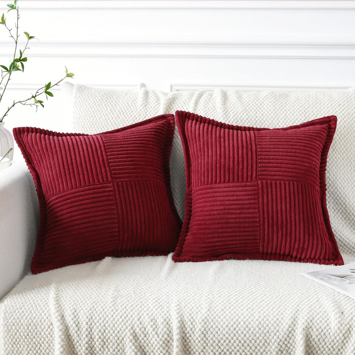 Artscope Corduroy Cushion Covers Pack of 2 Modern Patchwork Throw Pillow Covers Soft Pillowcase Broadside Decorative Textured Cushions for Home decor Sofa Bedroom Couch Wine Red 45x45cm