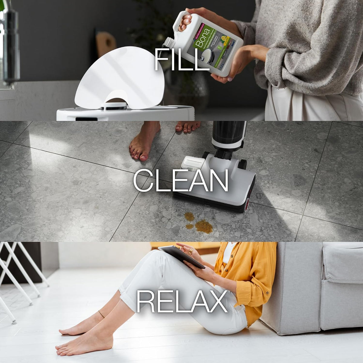 Bona Hard-Surface Floor Cleaner for Mopping Robots and Vacuums, Concentrate, Quick-drying and Streak-free, Lemon Mint - 1.1L
