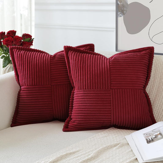 Artscope Corduroy Cushion Covers Pack of 2 Modern Patchwork Throw Pillow Covers Soft Pillowcase Broadside Decorative Textured Cushions for Home decor Sofa Bedroom Couch Wine Red 45x45cm