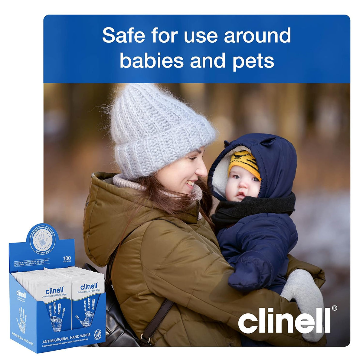 Clinell Antimicrobial Hand Wipes - Pack of 100 Individually Wrapped Sachets - Sanitising Wipes, Ideal for Travel - Dermatologically Tested, Kills 99.99% of Germs