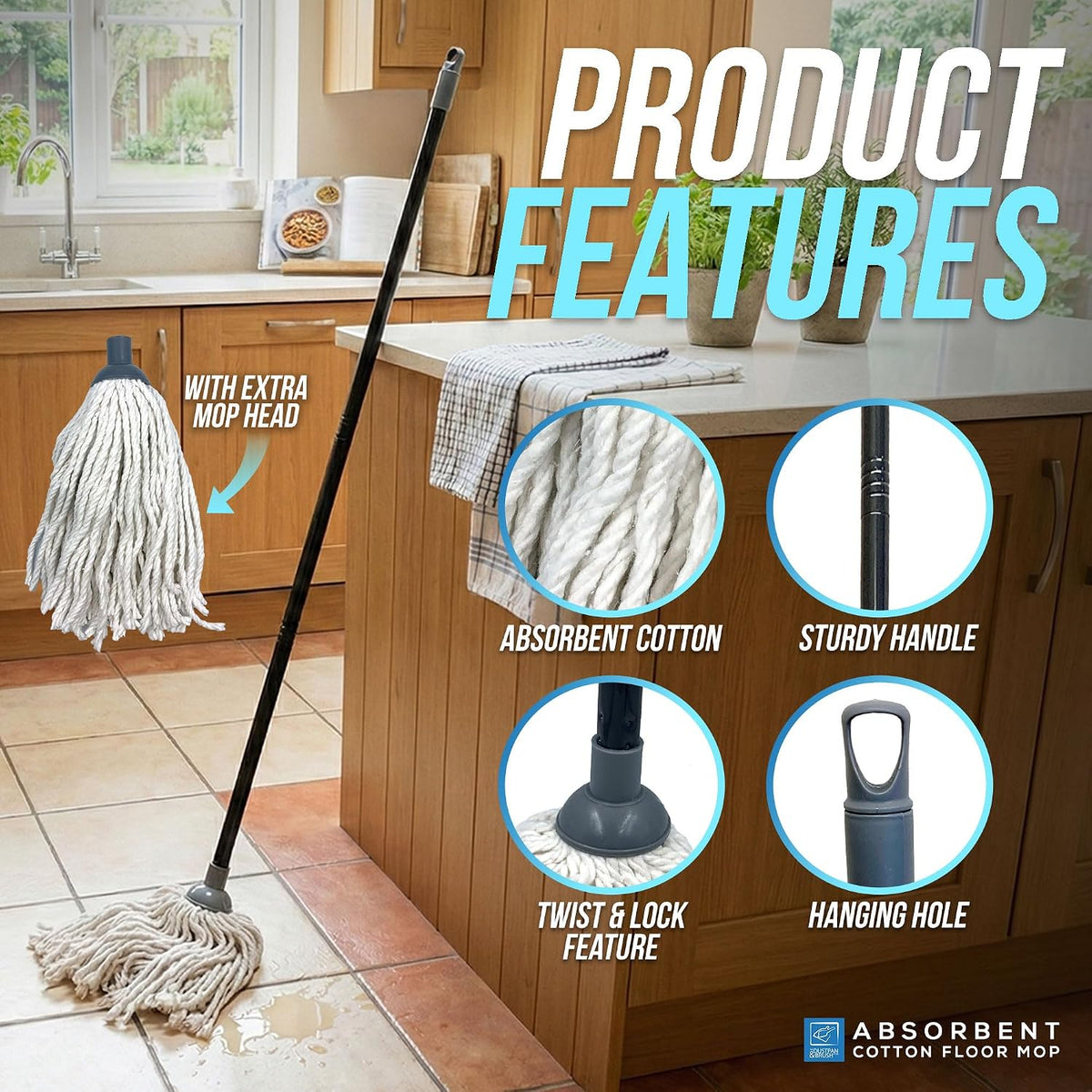 Cotton Floor Mops Mop System with Super Absorbent Cotton Head, 110cm Metal Handle and Extra Head Refill Effective Cleaning For Home, Office and Commercial Use