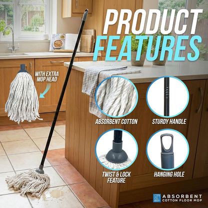 Cotton Floor Mops Mop System with Super Absorbent Cotton Head, 110cm Metal Handle and Extra Head Refill Effective Cleaning For Home, Office and Commercial Use