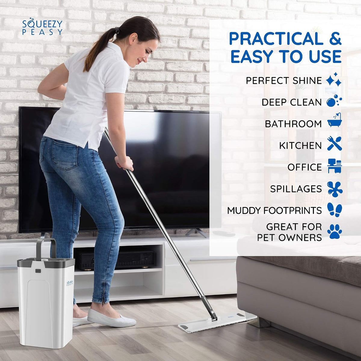 Premium Flat Mop and Bucket Set for Floor Cleaning - Compact & Lightweight Cleaning System with 360 Rotating Head - 5 Microfibre Reusable Mop Pads Included - 3 Chamber Design