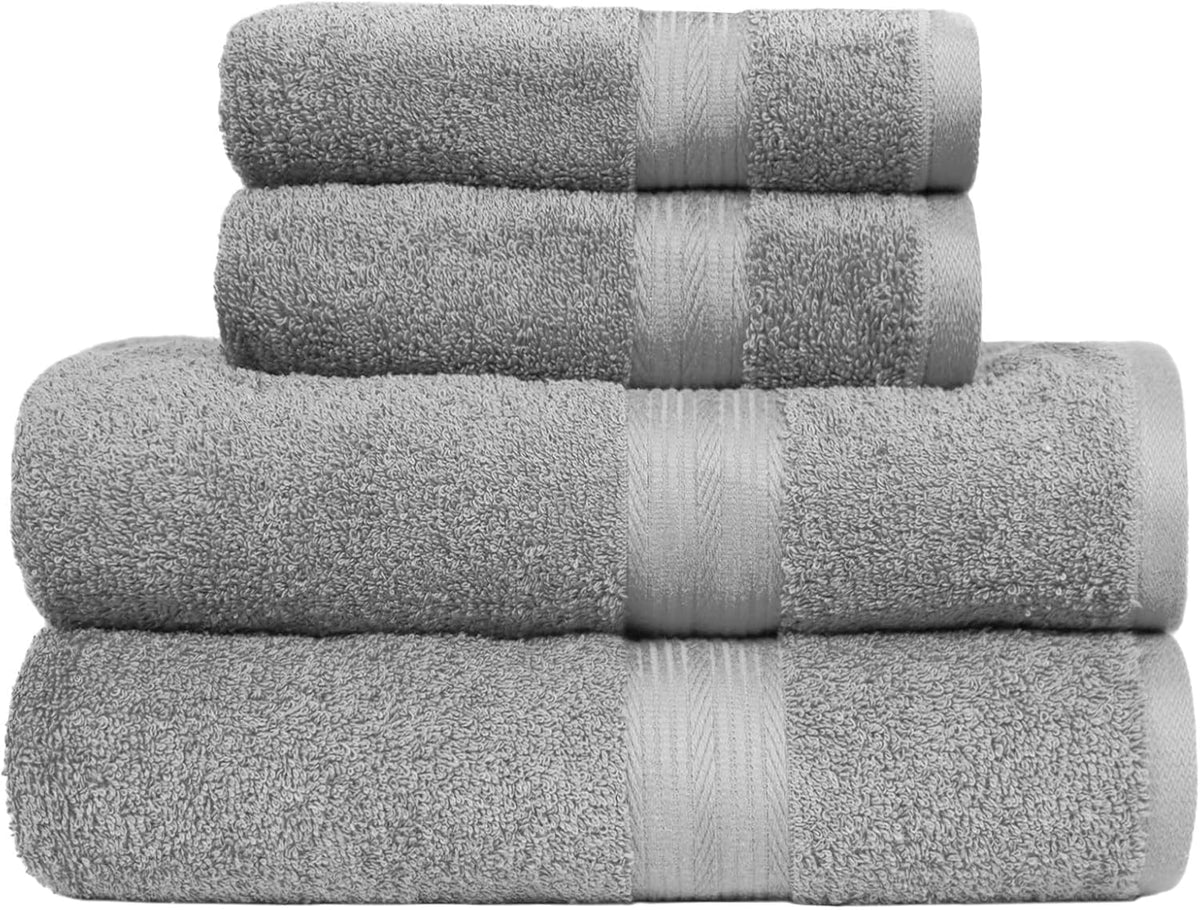 Amazon Basics Bath Towels Set, 4-Piece 100% Cotton – 2 Bath, 2 Hand Towels for Bathroom, Fade Resistant, Soft and Absorbent, Grey