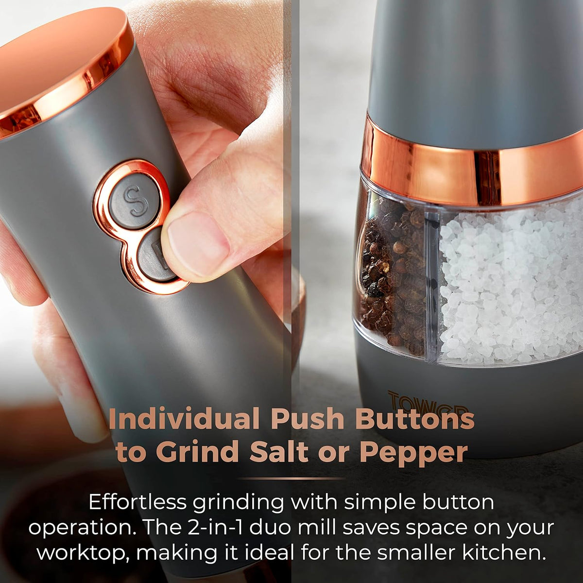 Tower Electric Salt and Pepper Mills, Battery Operated with Adjustable Ceramic Grinders, Grey and Rose Gold, T847004GRY