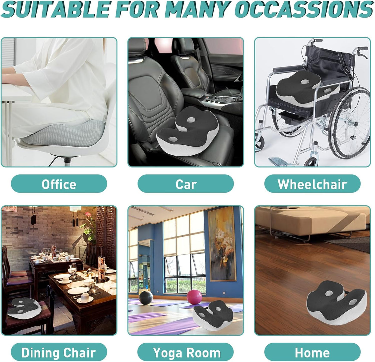 Car Cushion for Long Sitting Sciatica & Back Pain Relief, Memory Ergonomic Seat with Adjustable Straps Support for Driving, Office Chair, Pressure Relief & Comfort Cushion - Black, 48 x 39 x 14cm