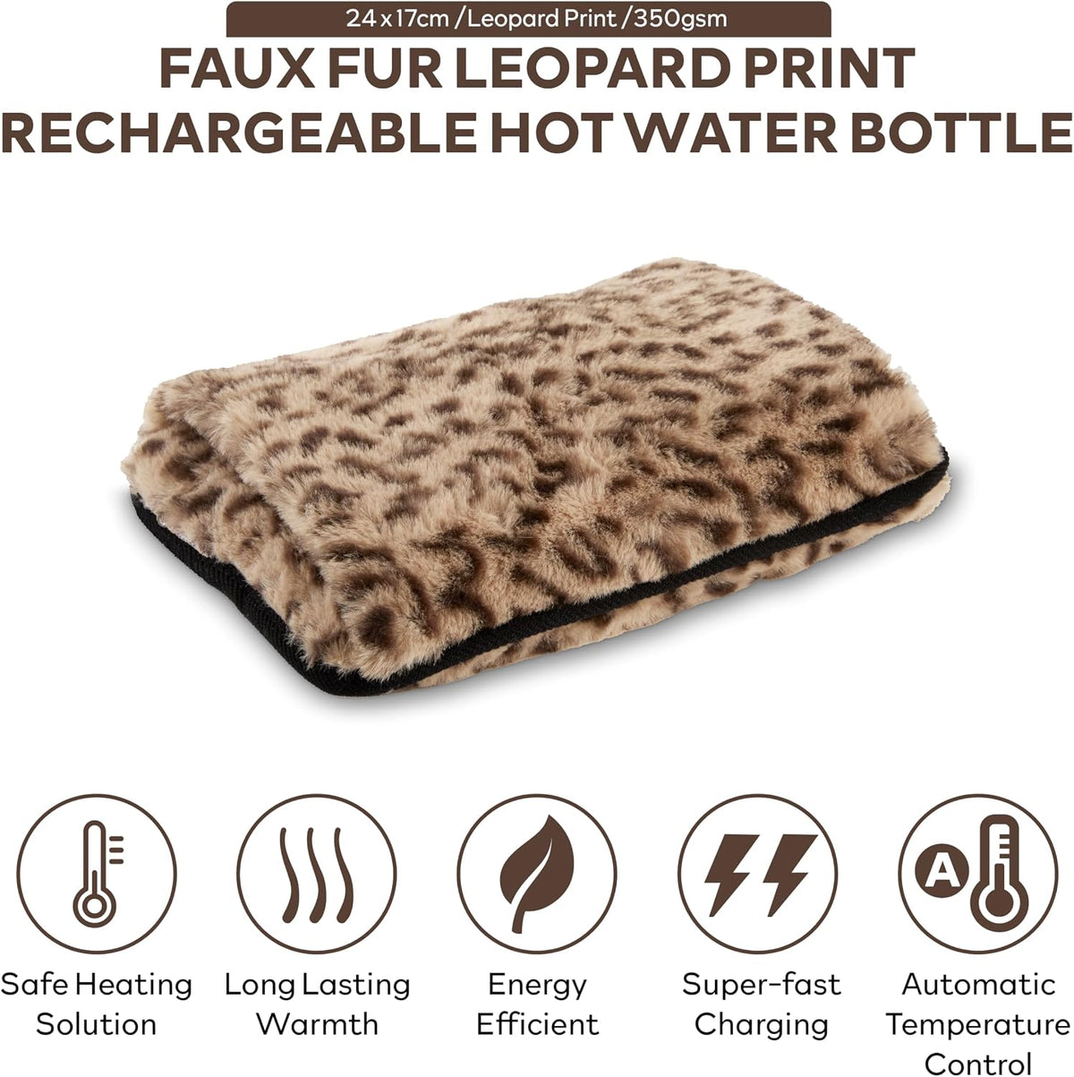 Carmen Rechargeable Hot Water Bottle, Hand Warmer, Automatic Temperature Control, Faux Fur Leopard Print – 350gsm,H x 17cm W x 24cm, C85043LPD