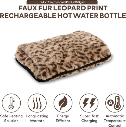 Carmen Rechargeable Hot Water Bottle, Hand Warmer, Automatic Temperature Control, Faux Fur Leopard Print – 350gsm,H x 17cm W x 24cm, C85043LPD