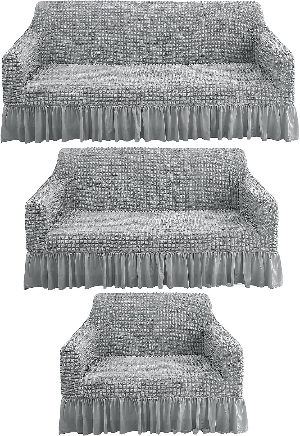 3 Pcs Sofa Slipcover Set for Couch Cushion Durable Washable High Elastic Stretchable Furniture Couch Covers with Skirt for Sofa Loveseat Arm Chair (Gray, Seersucker)