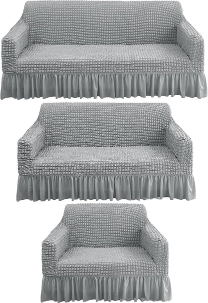 3 Pcs Sofa Slipcover Set for Couch Cushion Durable Washable High Elastic Stretchable Furniture Couch Covers with Skirt for Sofa Loveseat Arm Chair (Gray, Seersucker)