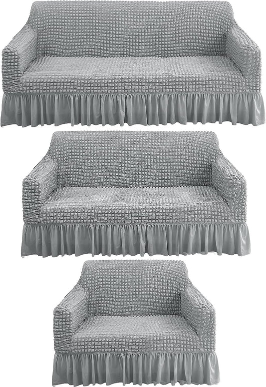 3 Pcs Sofa Slipcover Set for Couch Cushion Durable Washable High Elastic Stretchable Furniture Couch Covers with Skirt for Sofa Loveseat Arm Chair (Gray, Seersucker)