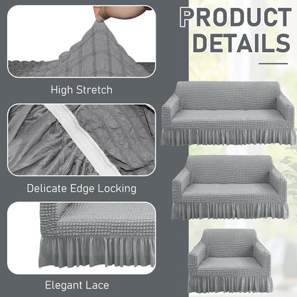 3 Pcs Sofa Slipcover Set for Couch Cushion Durable Washable High Elastic Stretchable Furniture Couch Covers with Skirt for Sofa Loveseat Arm Chair (Gray, Seersucker)
