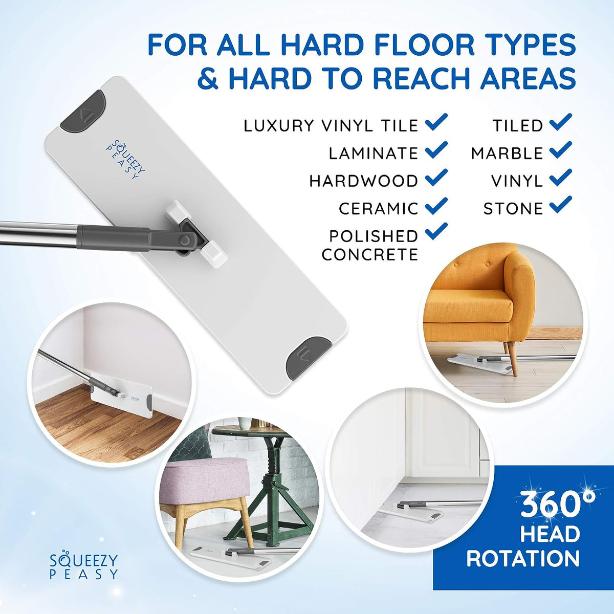 Premium Flat Mop and Bucket Set for Floor Cleaning - Compact & Lightweight Cleaning System with 360 Rotating Head - 5 Microfibre Reusable Mop Pads Included - 3 Chamber Design