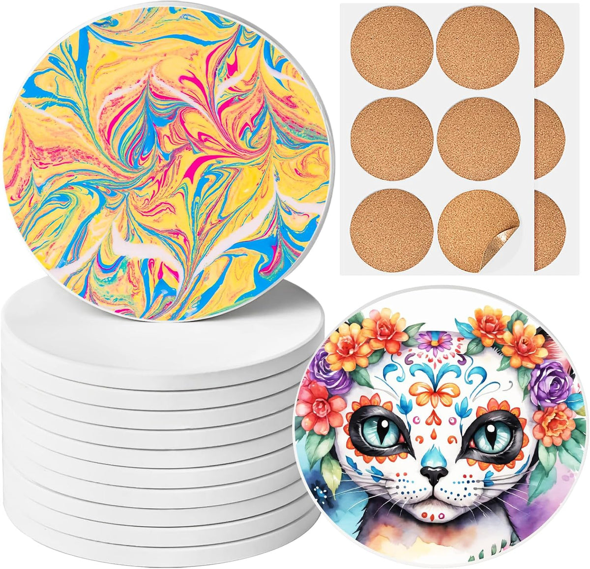 Ceramic Tiles for Crafts, GOH DODD 12 Pack Unglazed Blank Coasters White Tiles with 12 Cork Backings for Alcohol Ink, Painting, Acrylic Pouring, Art Projects, Housewarming Gifts Wedding, Round, 4 Inch