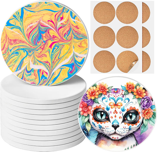Ceramic Tiles for Crafts, GOH DODD 12 Pack Unglazed Blank Coasters White Tiles with 12 Cork Backings for Alcohol Ink, Painting, Acrylic Pouring, Art Projects, Housewarming Gifts Wedding, Round, 4 Inch