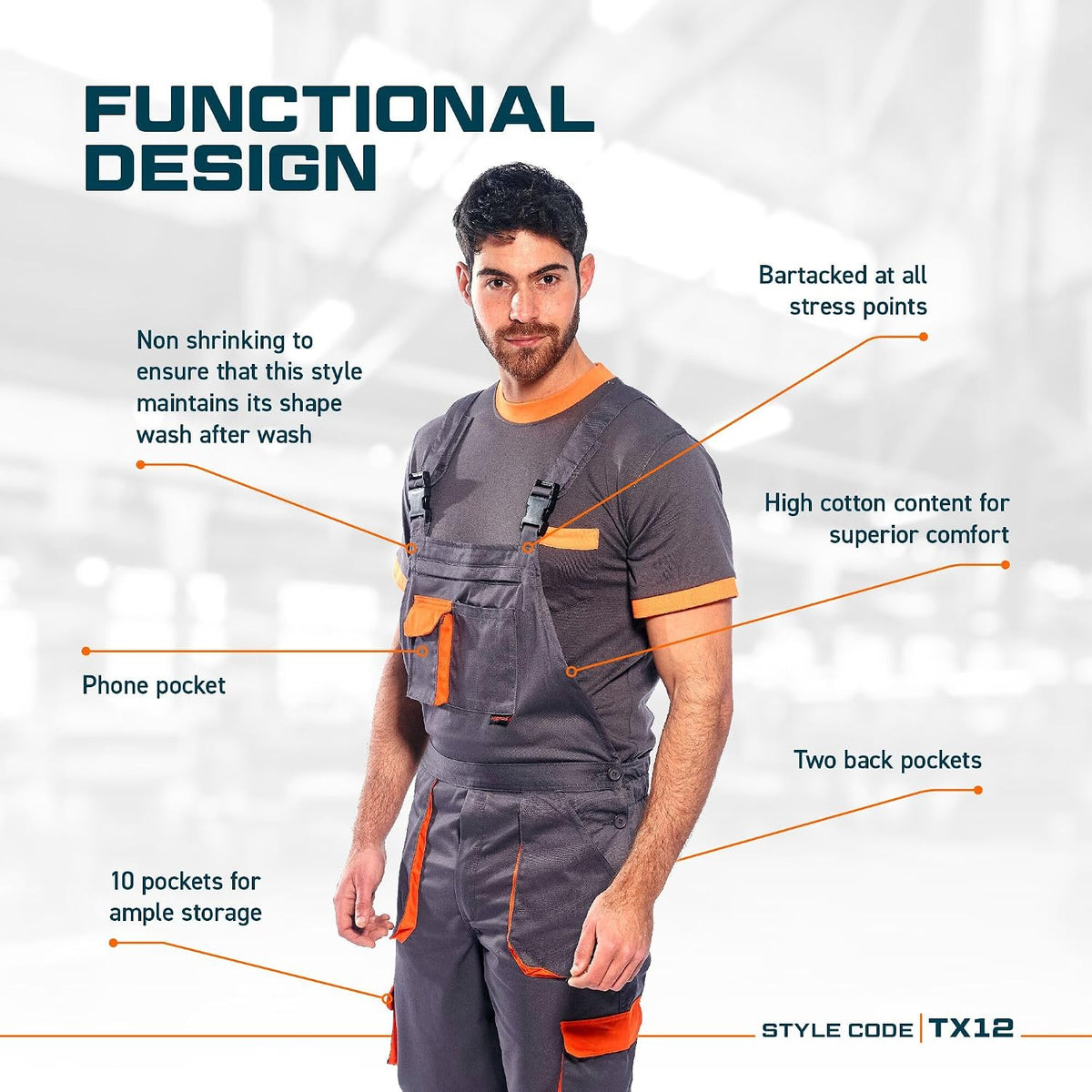 Portwest TX12 Men's Texo Contrast Bib and Brace Knee Pad Pockets