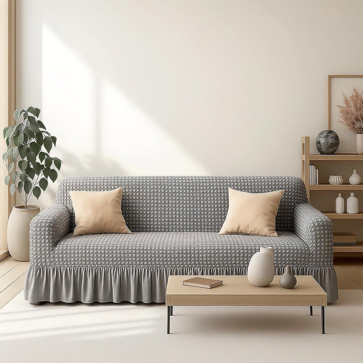 3 Pcs Sofa Slipcover Set for Couch Cushion Durable Washable High Elastic Stretchable Furniture Couch Covers with Skirt for Sofa Loveseat Arm Chair (Gray, Seersucker)