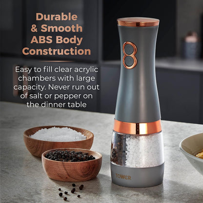 Tower Electric Salt and Pepper Mills, Battery Operated with Adjustable Ceramic Grinders, Grey and Rose Gold, T847004GRY