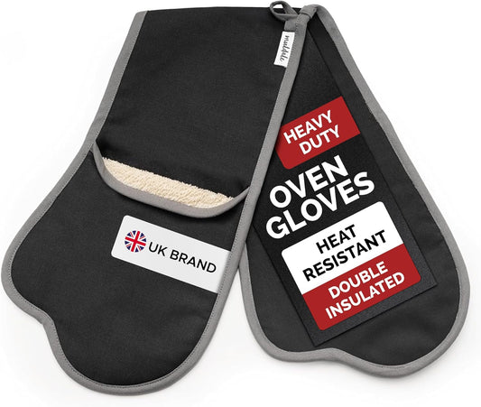 Muldale Black Double Oven Gloves Insulated - Aga Oven Gloves with Thumbs