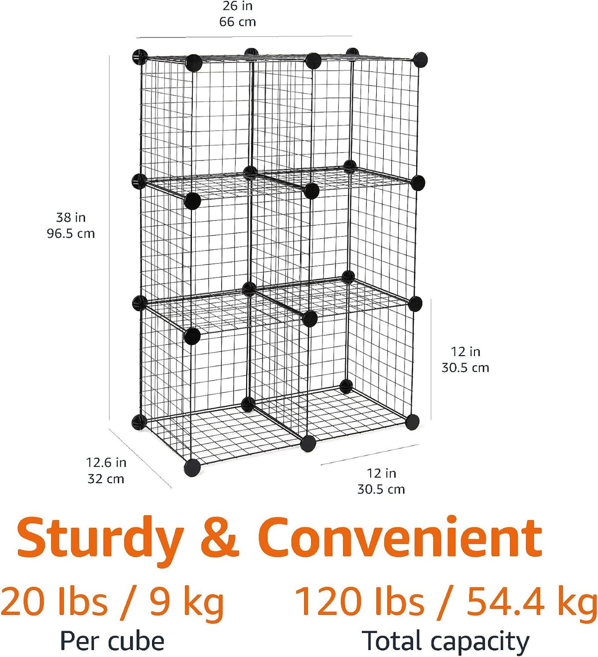 Amazon Basics 6 Cube Wire Grid Stackable Storage Shelves, Black, 66 x 32 x 96.5 cm