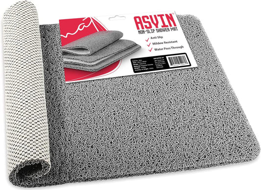 Asvin Large Non Slip Shower Mat & Bath Mat 60x80cm Grey, Anti Mould Loofah for Walk-in Showers & Wet Rooms. OEKO-TEX 100 Certified, Phthalate Free, Machine Washable, Safe for Elderly Kids Pets