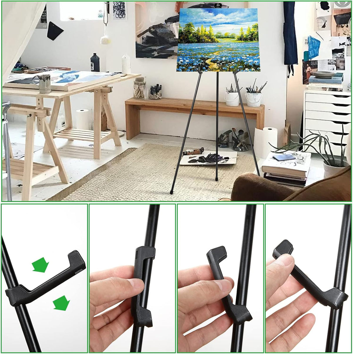 ASelected Display Easel Stand for Wedding Sign, Portable Folding Easel Floor Art Easel, Adjustable 160cm Tall Metal Poster Easel, Collapsible Tripod Easel with Plastic Clips, Black