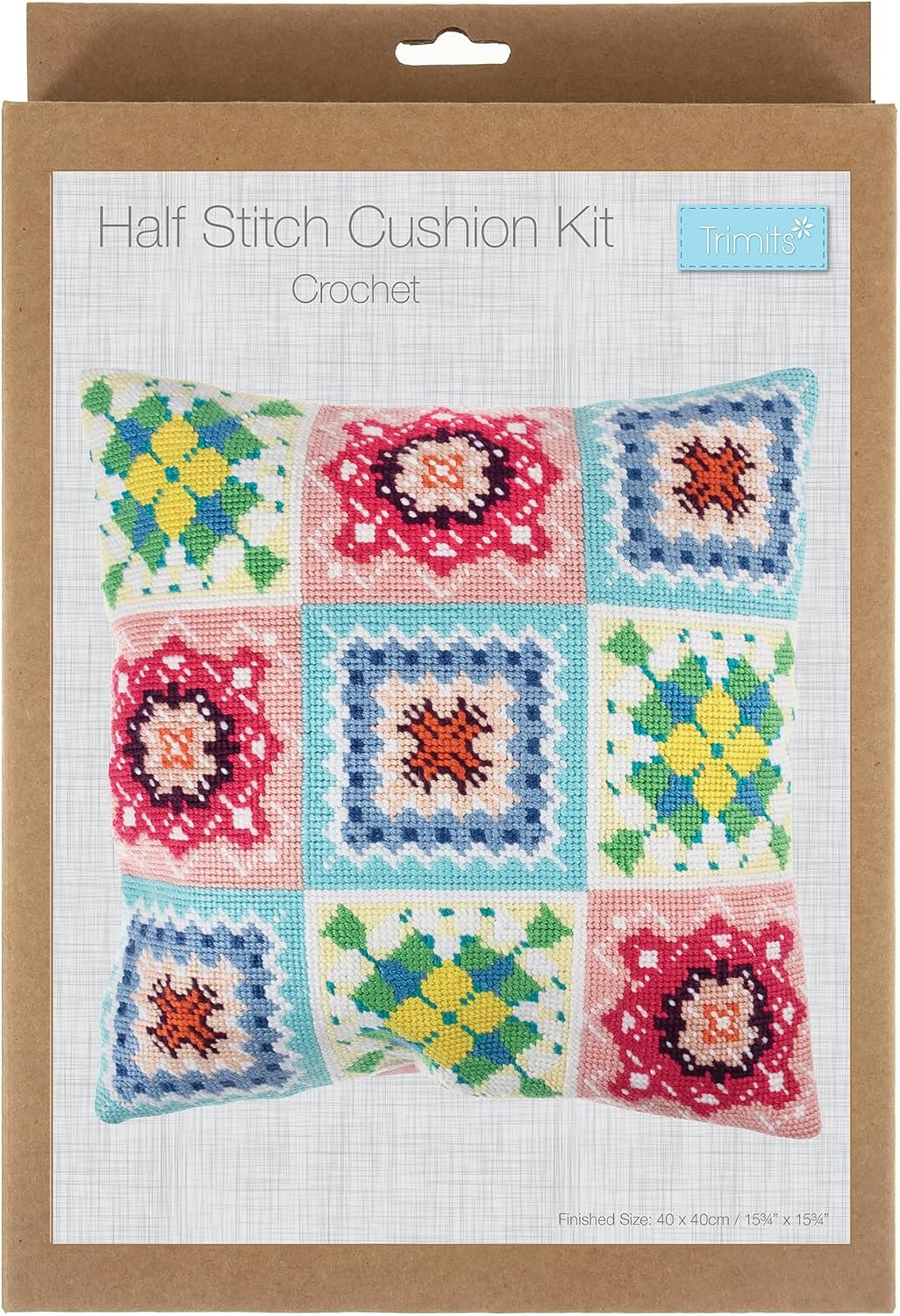 Trimits Half Stitch Cross Stitch Cushion Kit, Cushion Back Included, Pre Printed Canvas, Yarn and Needle Included 40 x 40cm (15.75 x 15.75in), Crochet