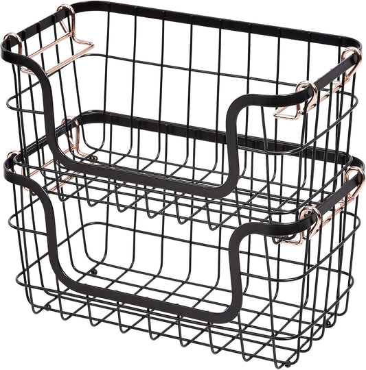 Amazon Basics Stackable Metal Storage Baskets for Kitchen or Bathroom, Rectangular, 2 Pack, 16.3 x 31 x 14.1 cm, Black