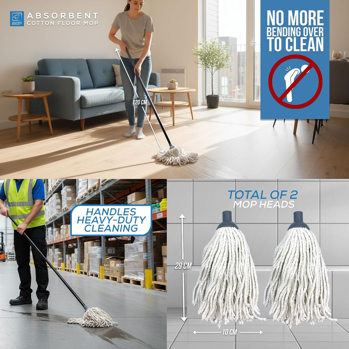 Cotton Floor Mops Mop System with Super Absorbent Cotton Head, 110cm Metal Handle and Extra Head Refill Effective Cleaning For Home, Office and Commercial Use