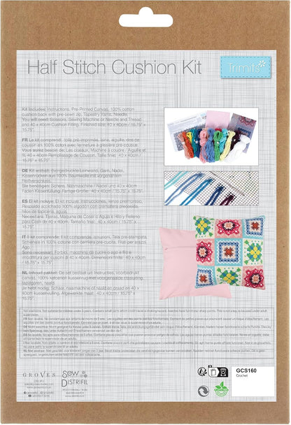 Trimits Half Stitch Cross Stitch Cushion Kit, Cushion Back Included, Pre Printed Canvas, Yarn and Needle Included 40 x 40cm (15.75 x 15.75in), Crochet