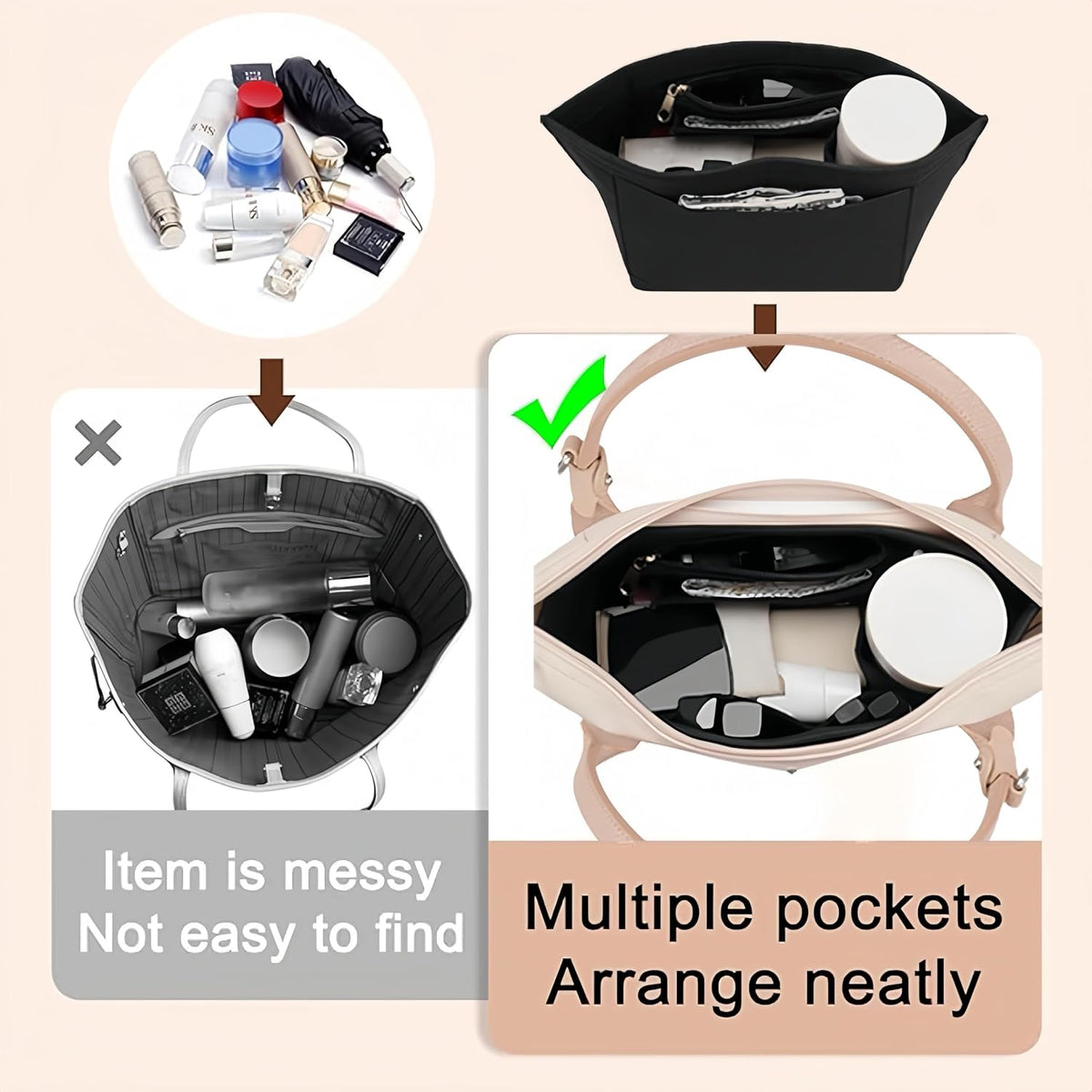 Bag Insert Organizer, Purse Insert Organizer With Zipper,Multi-Pocket Felt Handbag Organizer for Wallet Organize, Folding Tote Bag organize inserts for Longchamp (Dark gray, L)