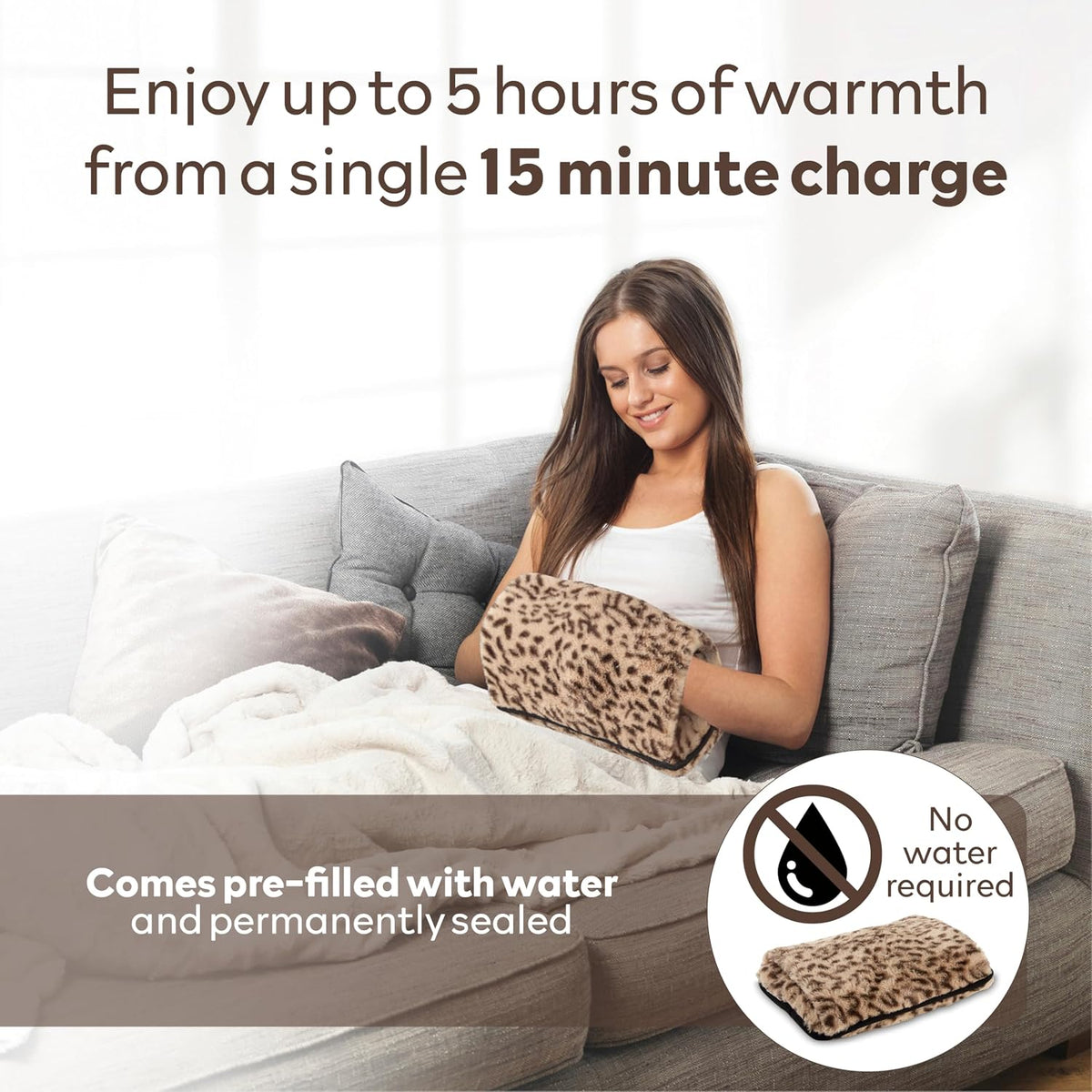 Carmen Rechargeable Hot Water Bottle, Hand Warmer, Automatic Temperature Control, Faux Fur Leopard Print – 350gsm,H x 17cm W x 24cm, C85043LPD