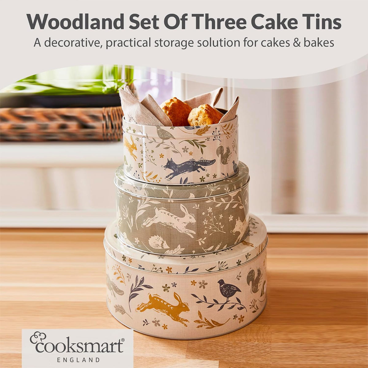 Cooksmart England Set of 3 Cake Storage Tins | Cake Tin/Biscuit Tin Available as Square Storage Tin or as Round Storage Tin (Woodland)